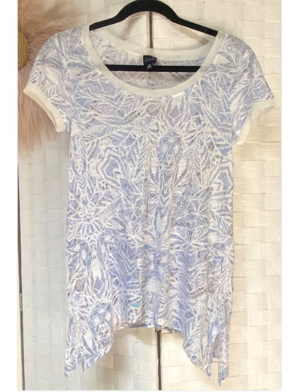 BLUE Saks Fifth Avenue Purple Print Linen Short Sleeve Mesh Neck Top Size S / P